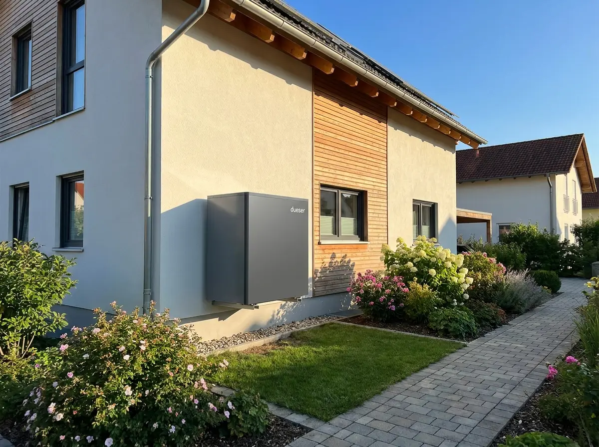 Modernes Wohnhaus mit Wärmepumpe im Garten