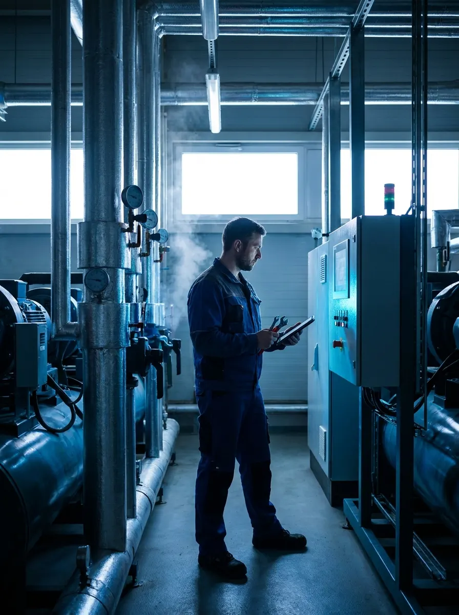 Techniker von Düser bei der Inbetriebnahme einer Kälteanlage in einem Technikraum
